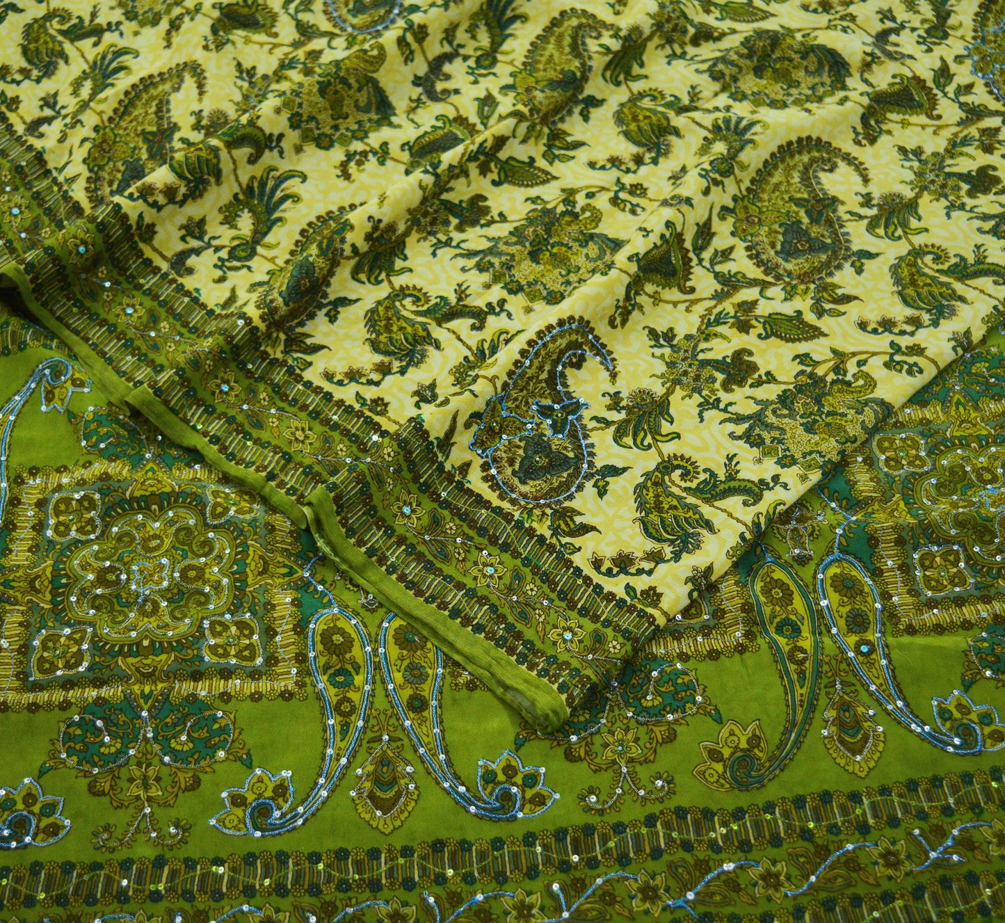 Indian Vintage Sari Green & Beige Pure Crepe Silk Hand Embroidered Saree 5yard Sewing Floral Craft Sequins