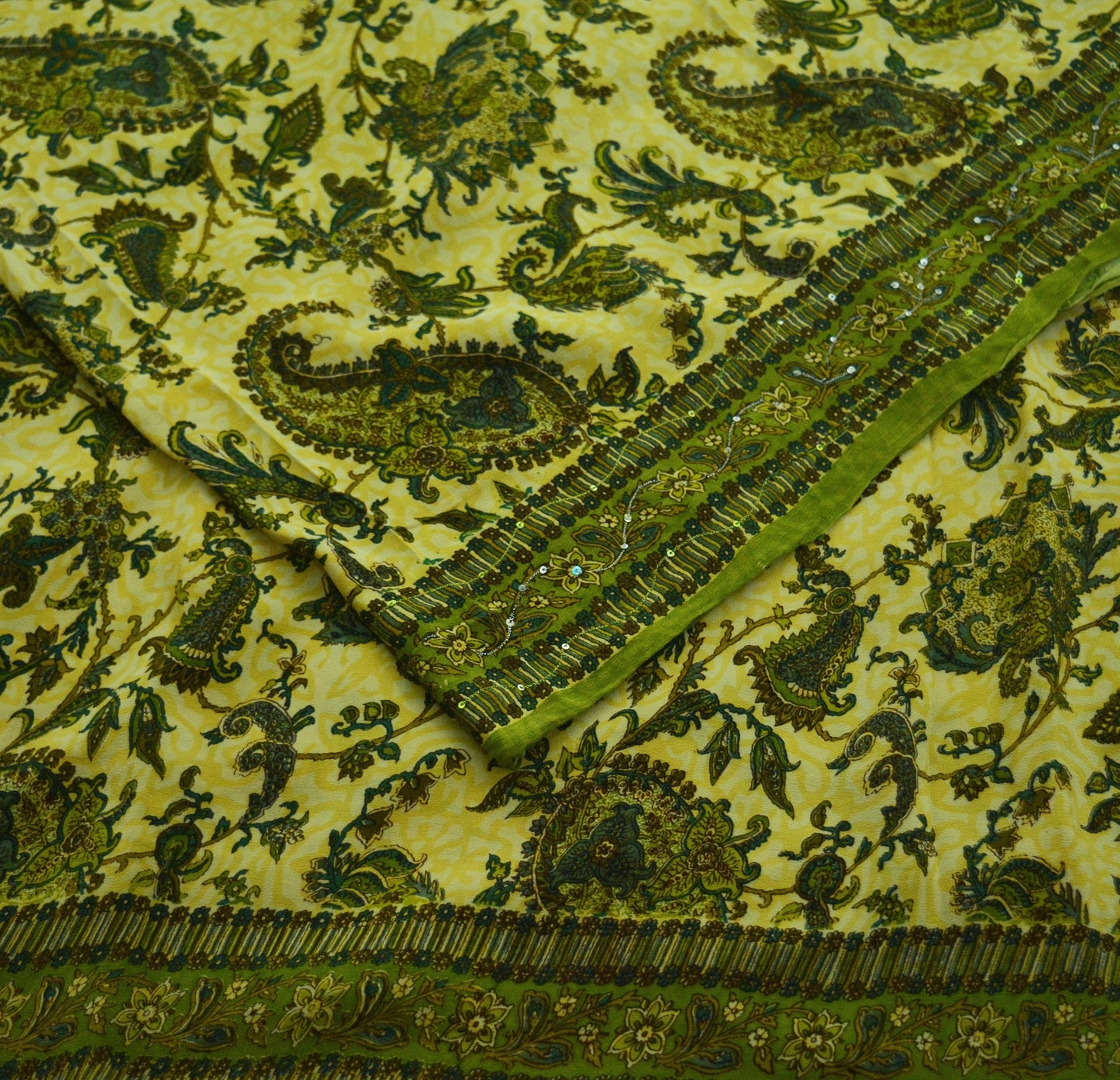 Indian Vintage Sari Green & Beige Pure Crepe Silk Hand Embroidered Saree 5yard Sewing Floral Craft Sequins