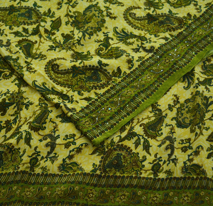 Indian Vintage Sari Green & Beige Pure Crepe Silk Hand Embroidered Saree 5yard Sewing Floral Craft Sequins