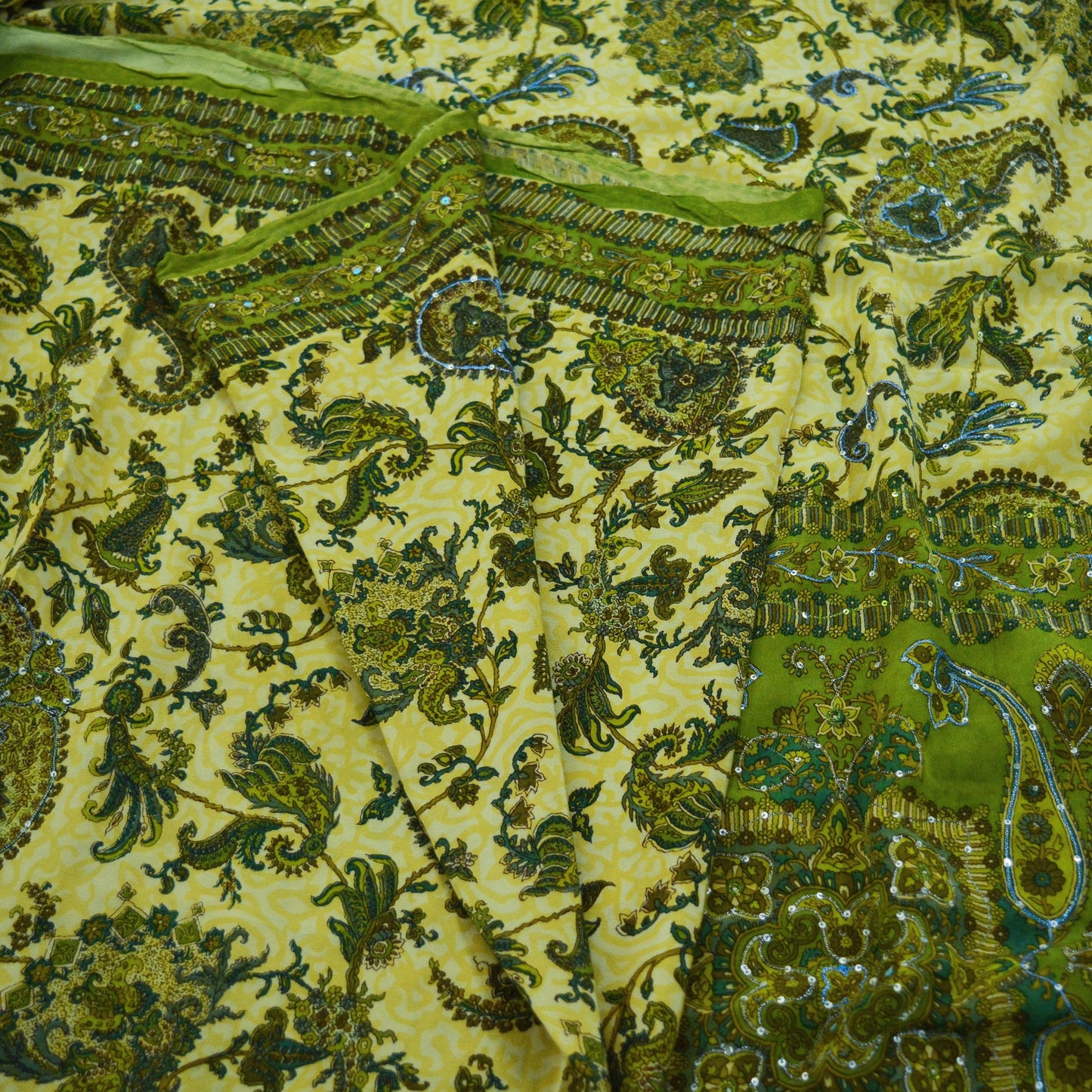 Indian Vintage Sari Green & Beige Pure Crepe Silk Hand Embroidered Saree 5yard Sewing Floral Craft Sequins