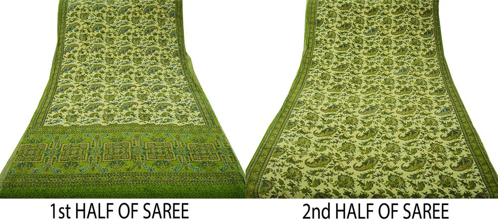 Indian Vintage Sari Green & Beige Pure Crepe Silk Hand Embroidered Saree 5yard Sewing Floral Craft Sequins