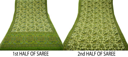 Indian Vintage Sari Green & Beige Pure Crepe Silk Hand Embroidered Saree 5yard Sewing Floral Craft Sequins