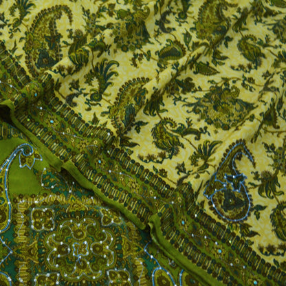 Indian Vintage Sari Green & Beige Pure Crepe Silk Hand Embroidered Saree 5yard Sewing Floral Craft Sequins