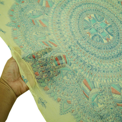 Vintage Beige Dupatta Long Stole Pure Chiffon Silk Kalamkari Printed Scarves Veil Hijab Peacock Design