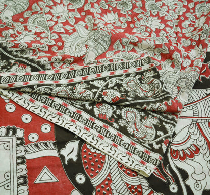 Indian Vintage Sari Kalamkari Printed Pure Cotton Saree  Fabric Soft Floral 5Yd Sarong Wrap Fabric Peacock