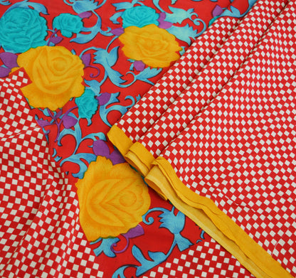 Indian Vintage Sari Red Pure Crepe Silk Printed Saree 5yard Sewing Floral Soft Craft Fabric Wrap