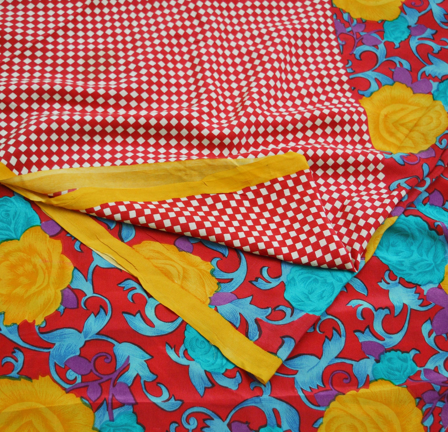Indian Vintage Sari Red Pure Crepe Silk Printed Saree 5yard Sewing Floral Soft Craft Fabric Wrap