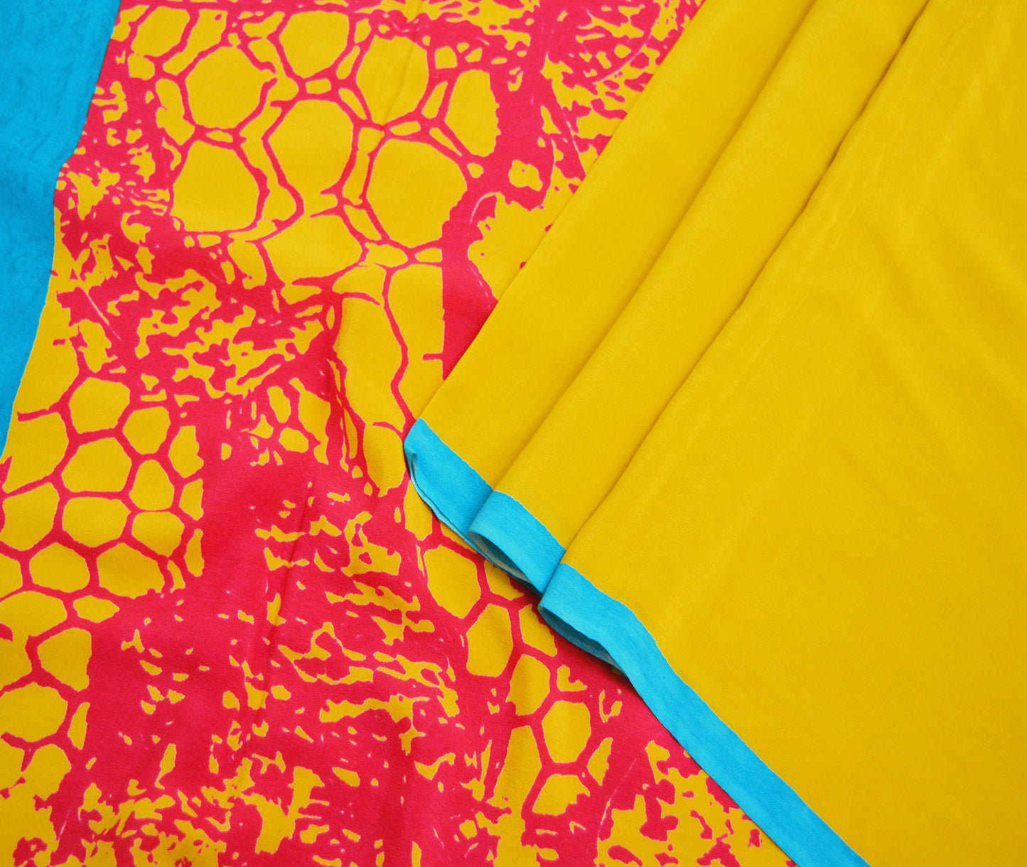 Indian Vintage Sari Red & Yellow  Pure Crepe Silk Printed Saree 5yard Sewing Abstract Soft Craft Fabric Wrap