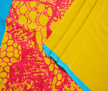 Indian Vintage Sari Red & Yellow  Pure Crepe Silk Printed Saree 5yard Sewing Abstract Soft Craft Fabric Wrap