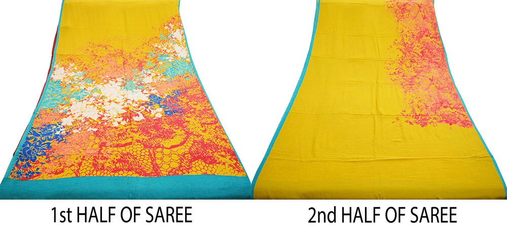 Indian Vintage Sari Red & Yellow  Pure Crepe Silk Printed Saree 5yard Sewing Abstract Soft Craft Fabric Wrap