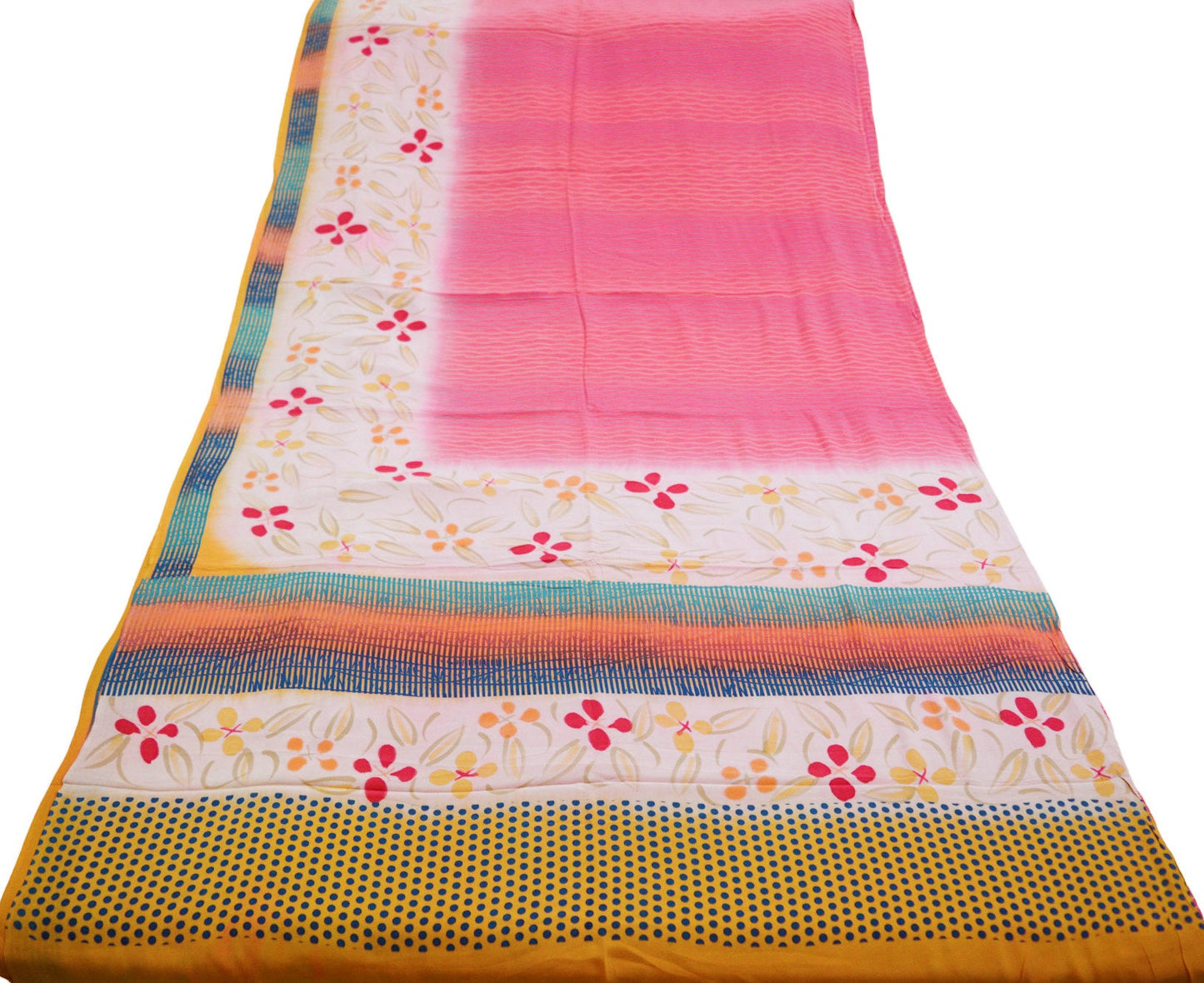 Indian Vintage Sari Cream & Pink Pure Crepe Silk Printed Saree 5yard Sewing Floral Soft Craft Fabric Wrap