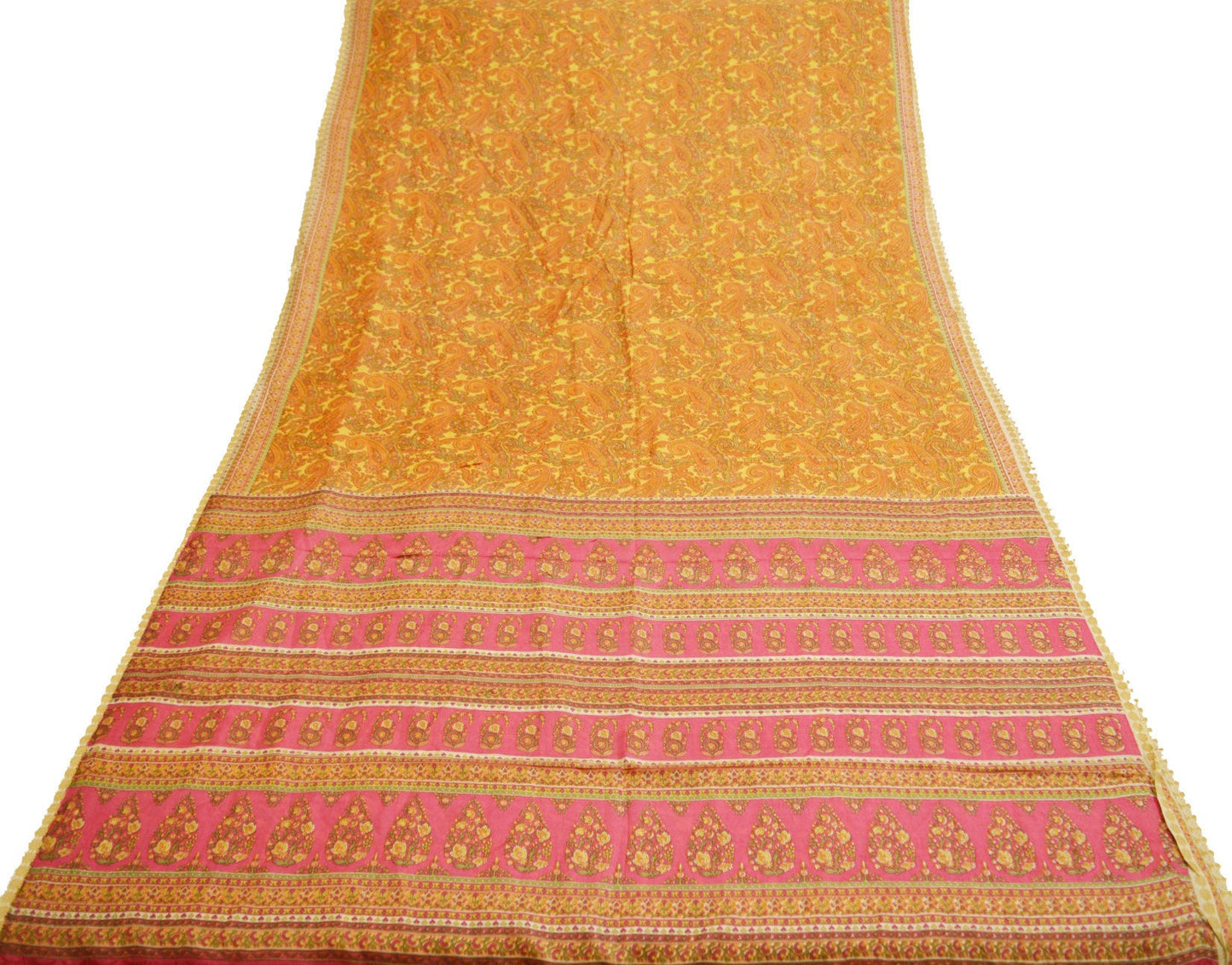 Indian Vintage Sari Pink & Yellow Pure Silk Printed Saree Fabric 5yd Sewing Craft Fabric DressMaking Soft