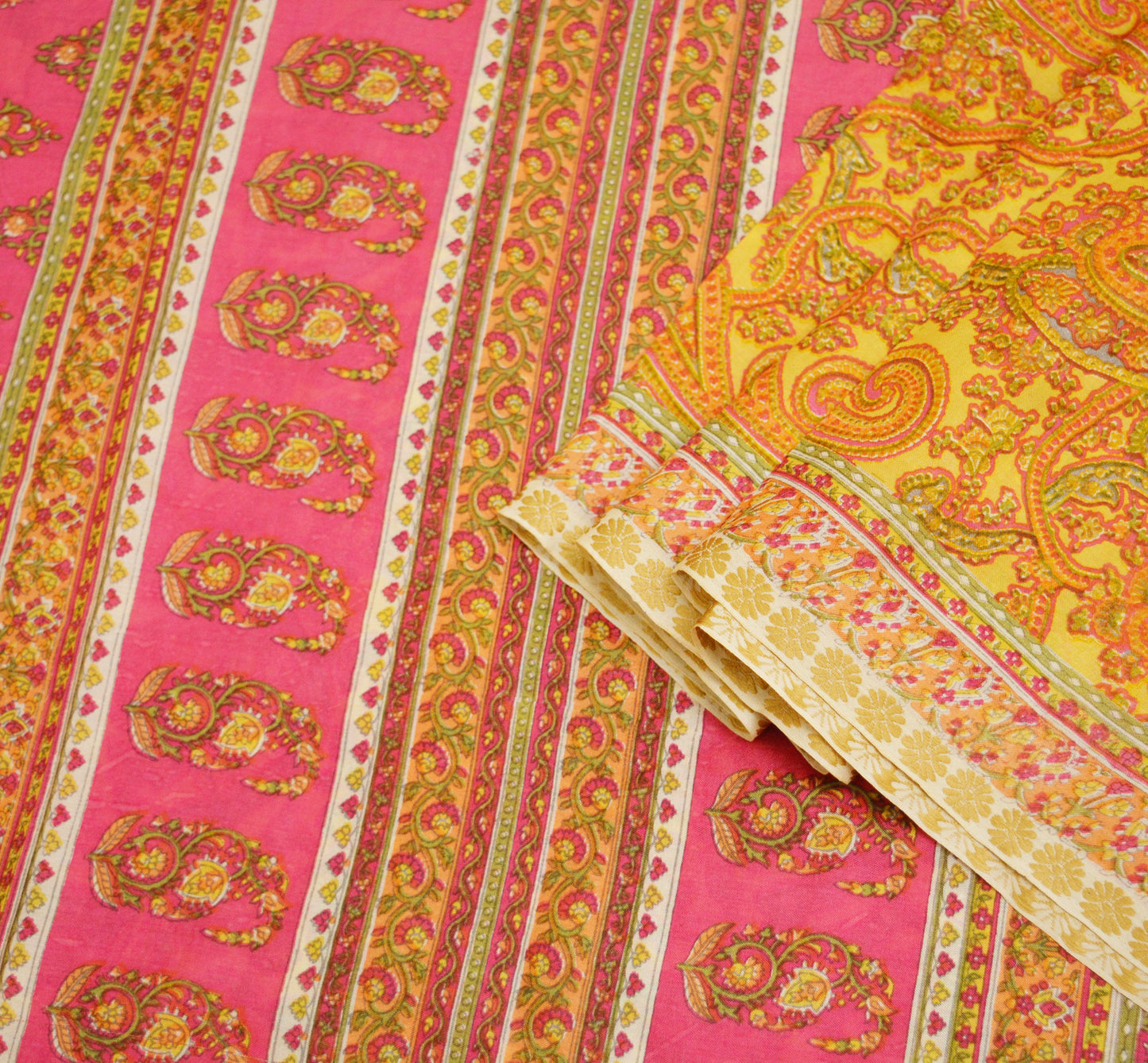 Indian Vintage Sari Pink & Yellow Pure Silk Printed Saree Fabric 5yd Sewing Craft Fabric DressMaking Soft