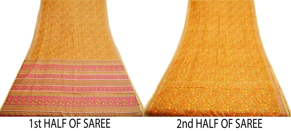 Indian Vintage Sari Pink & Yellow Pure Silk Printed Saree Fabric 5yd Sewing Craft Fabric DressMaking Soft