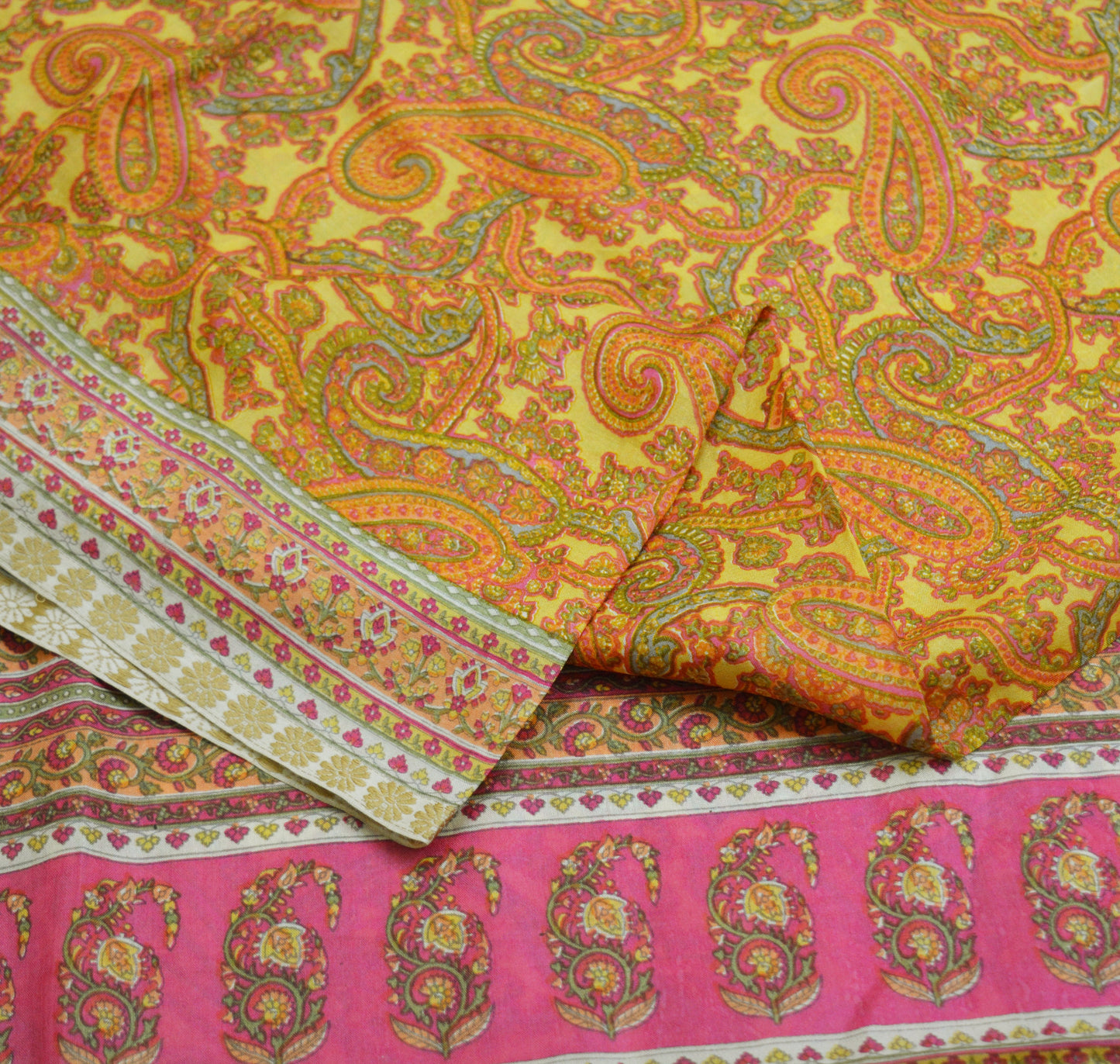 Indian Vintage Sari Pink & Yellow Pure Silk Printed Saree Fabric 5yd Sewing Craft Fabric DressMaking Soft