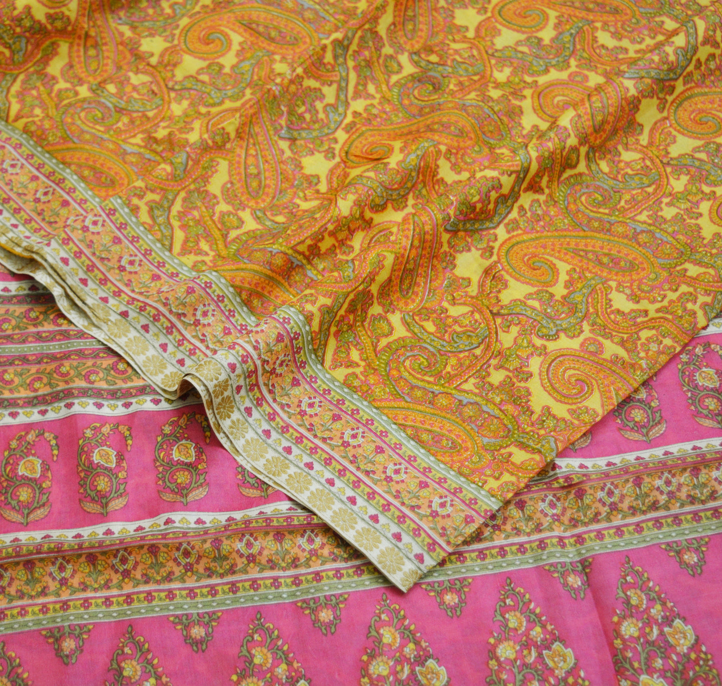 Indian Vintage Sari Pink & Yellow Pure Silk Printed Saree Fabric 5yd Sewing Craft Fabric DressMaking Soft