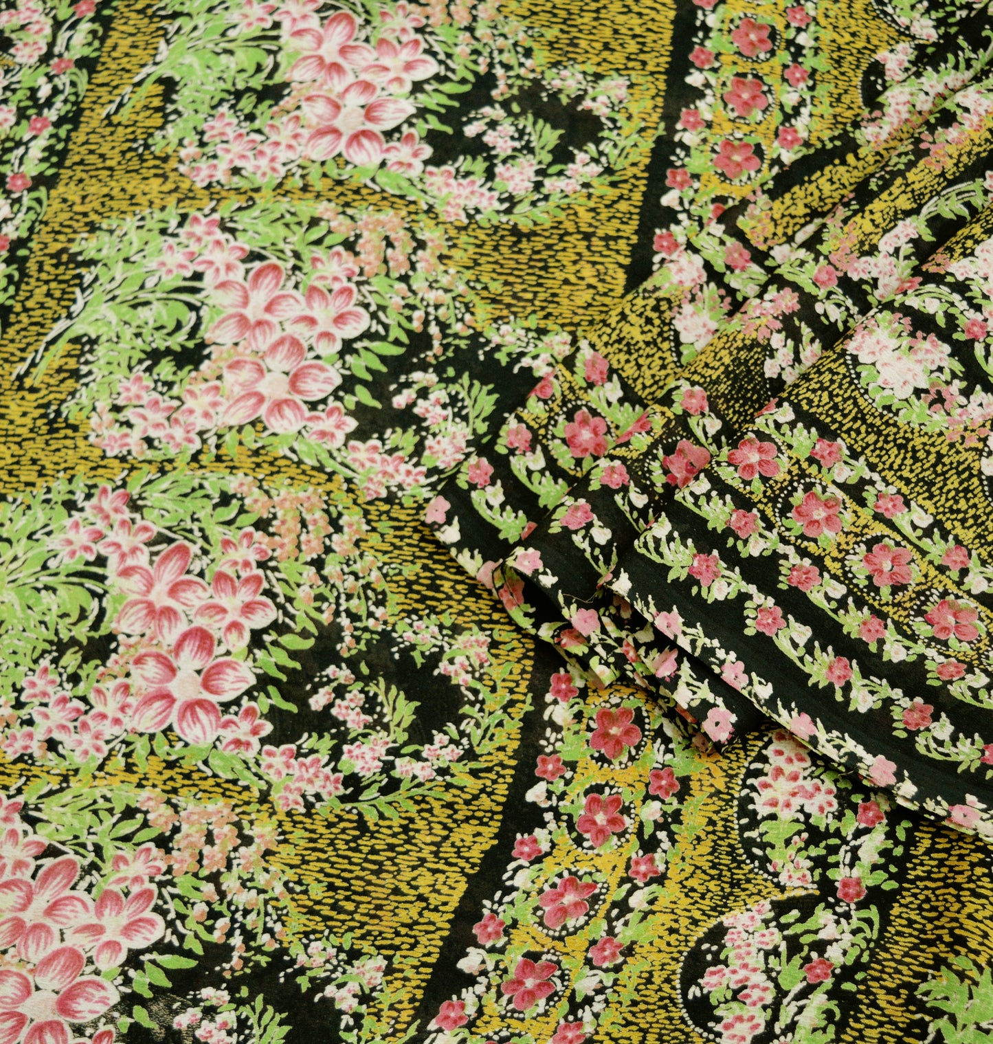 Vintage Sari Black Pure Silk Printed Saree Craft Fabric 6yard Sewing Floral Soft Dress Designing  for Crafting