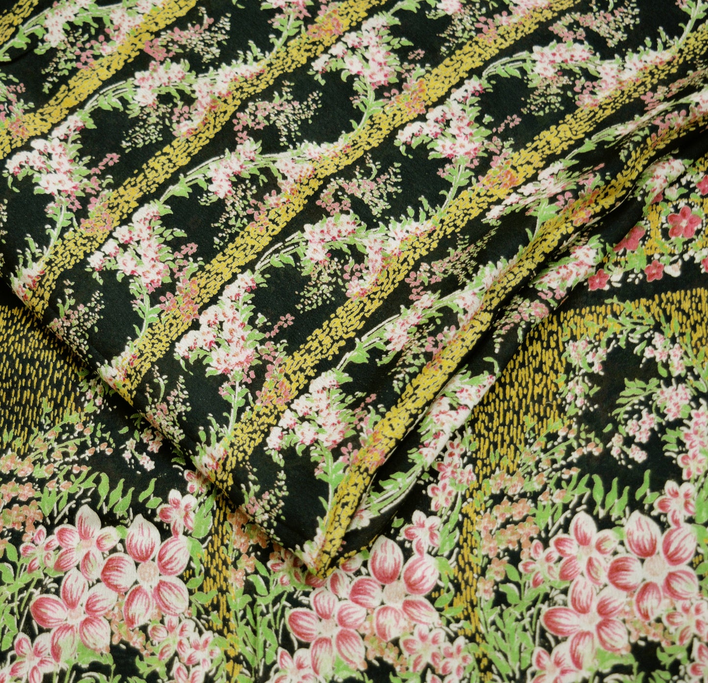 Vintage Sari Black Pure Silk Printed Saree Craft Fabric 6yard Sewing Floral Soft Dress Designing  for Crafting