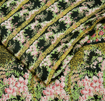 Vintage Sari Black Pure Silk Printed Saree Craft Fabric 6yard Sewing Floral Soft Dress Designing  for Crafting