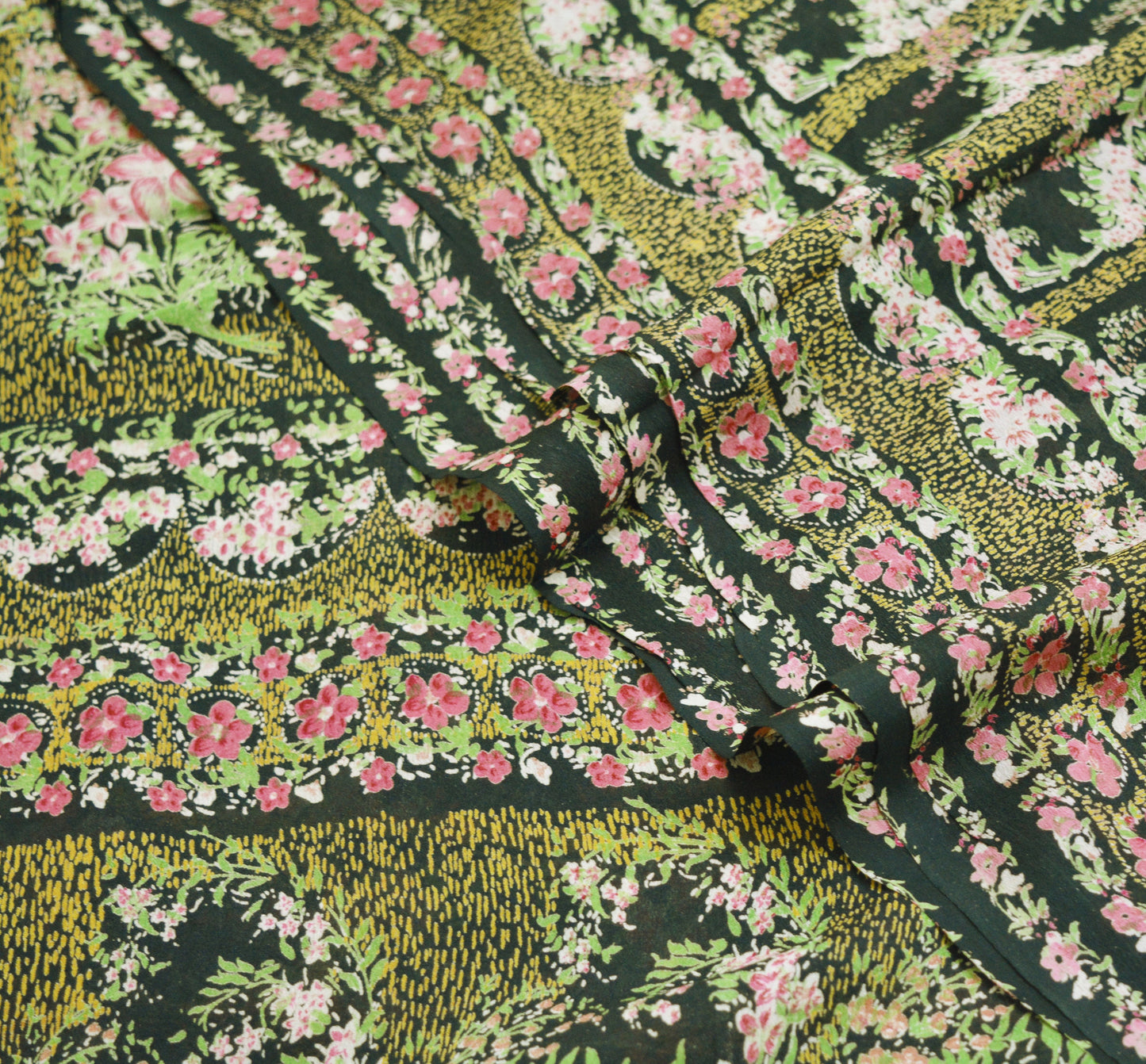 Vintage Sari Black Pure Silk Printed Saree Craft Fabric 6yard Sewing Floral Soft Dress Designing  for Crafting