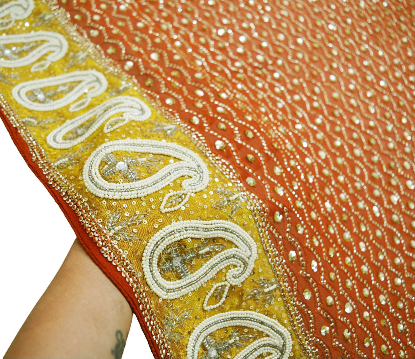 Indian Vintage Heavy Orange Dupatta Pure Georgette Silk Long Stole Hand Embroidered Scarf Sequins Paisley Tissue patch