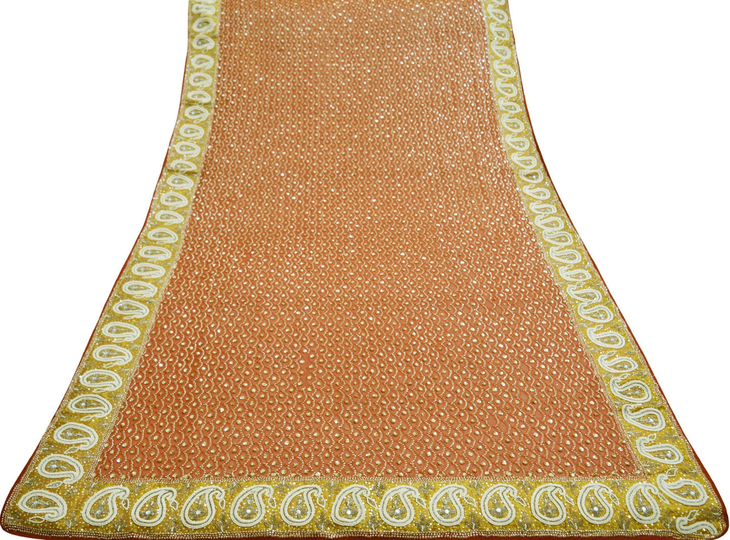 Indian Vintage Heavy Orange Dupatta Pure Georgette Silk Long Stole Hand Embroidered Scarf Sequins Paisley Tissue patch