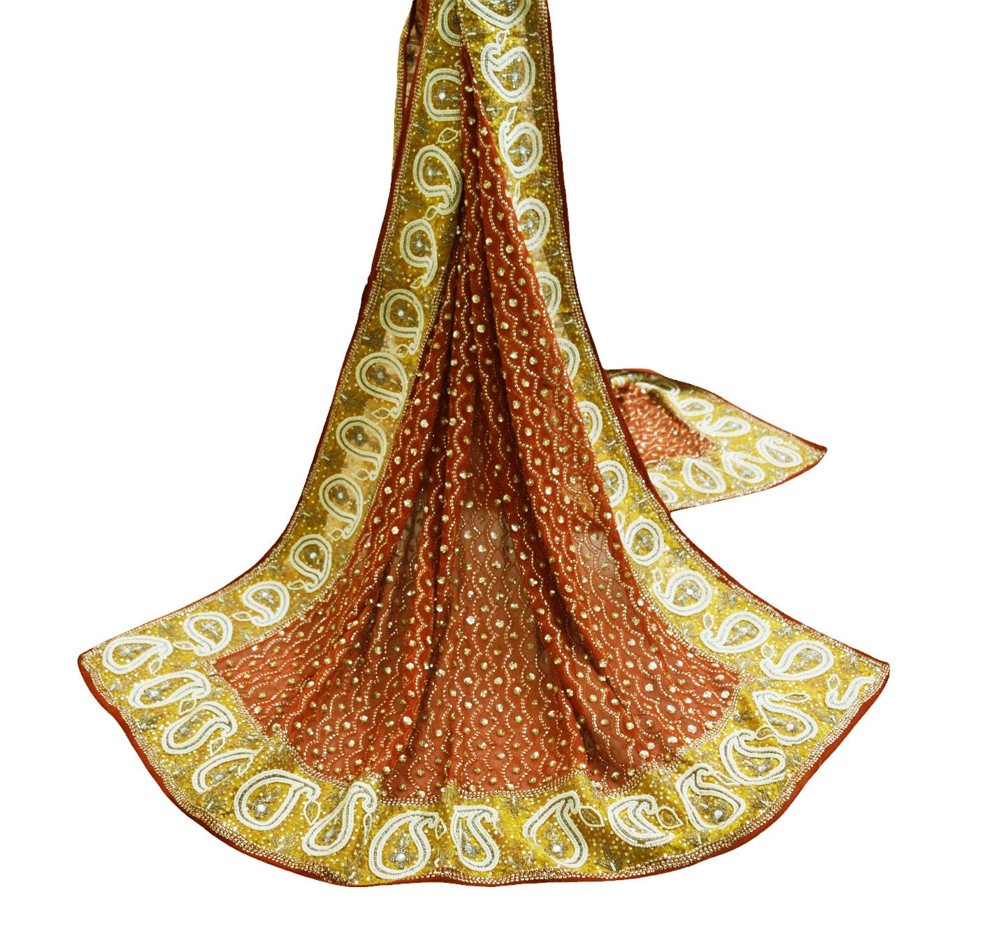 Indian Vintage Heavy Orange Dupatta Pure Georgette Silk Long Stole Hand Embroidered Scarf Sequins Paisley Tissue patch