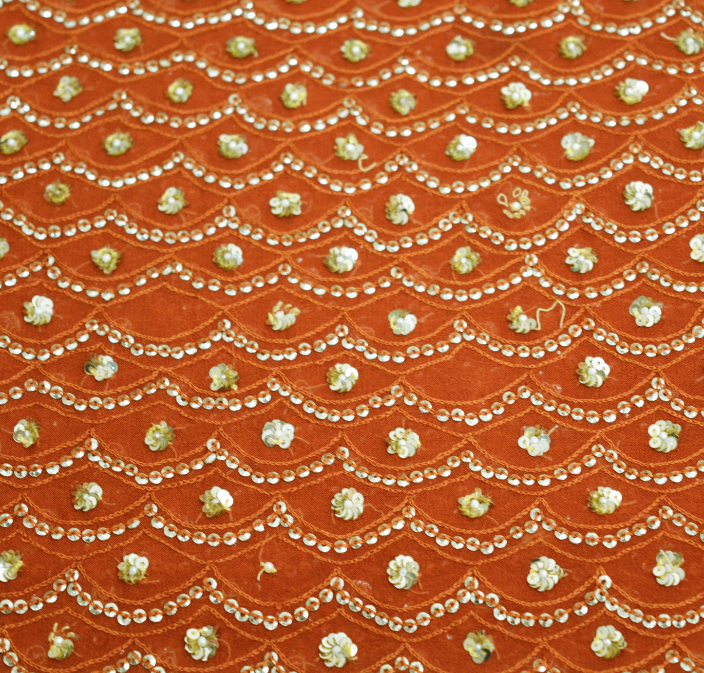 Indian Vintage Heavy Orange Dupatta Pure Georgette Silk Long Stole Hand Embroidered Scarf Sequins Paisley Tissue patch