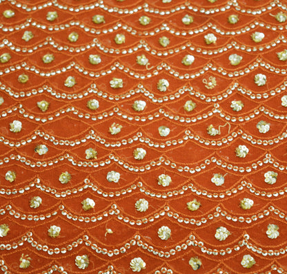 Indian Vintage Heavy Orange Dupatta Pure Georgette Silk Long Stole Hand Embroidered Scarf Sequins Paisley Tissue patch