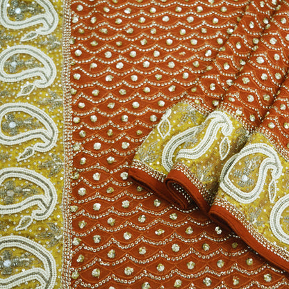 Indian Vintage Heavy Orange Dupatta Pure Georgette Silk Long Stole Hand Embroidered Scarf Sequins Paisley Tissue patch