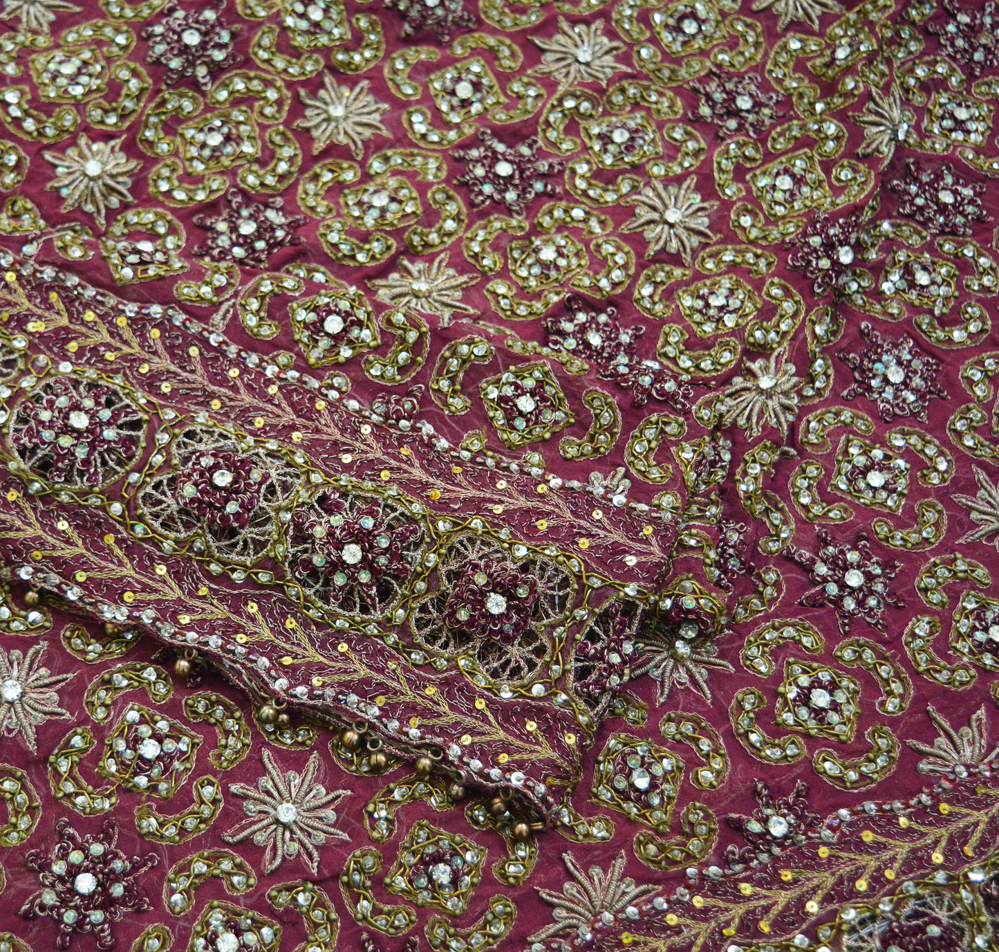 Indian Vintage Heavy Purple Dupatta Pure Georgette Silk Long Stole Hand Embroidered Scarf Zardozi/Dabka Zari Sequins