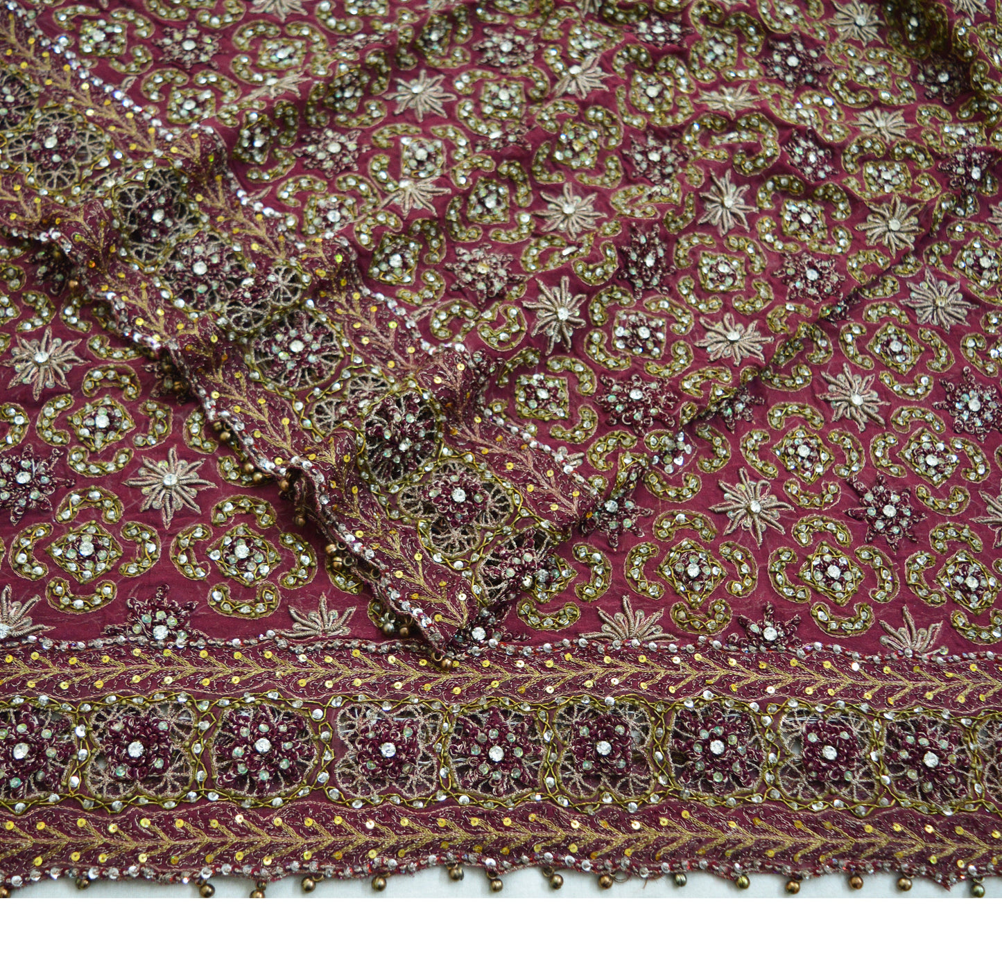 Indian Vintage Heavy Purple Dupatta Pure Georgette Silk Long Stole Hand Embroidered Scarf Zardozi/Dabka Zari Sequins