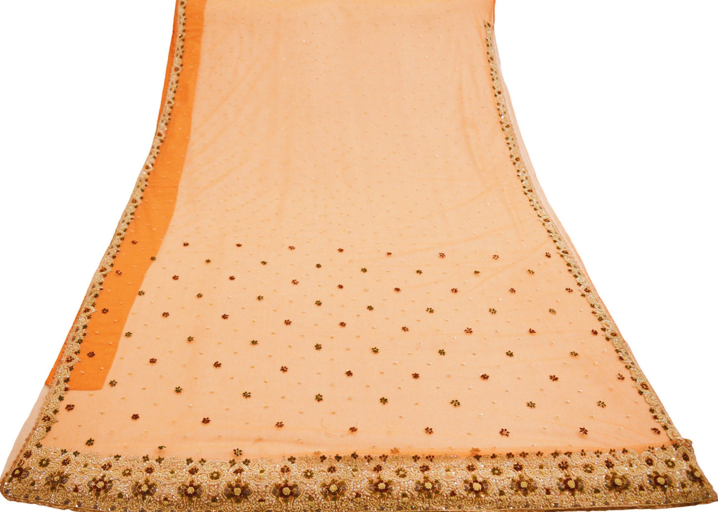 Indian Vintage Orange Saree Net/Mesh Hand Embroidered Indian Sari Fabric 6Yd Sewing Soft Zardozi/Dabka Zari Sequins
