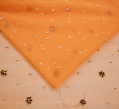Indian Vintage Orange Saree Net/Mesh Hand Embroidered Indian Sari Fabric 6Yd Sewing Soft Zardozi/Dabka Zari Sequins