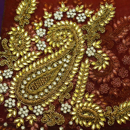 Indian Vintage Heavy Red Dupatta Net Mesh Long Stole Hand Embroidered Scarf Golden Zardozi Zari Glass Beaded Stole