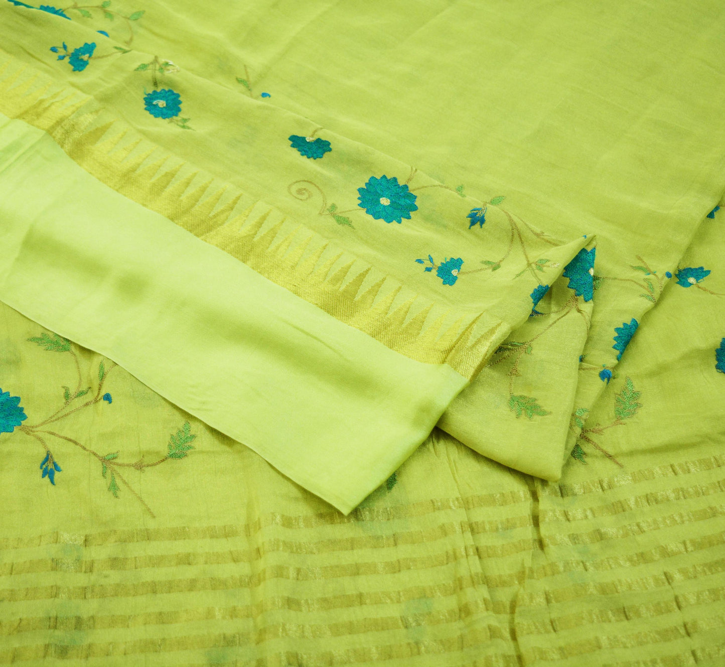 Indian Vintage Green Saree Pure Georgette Silk Hand Embroidered Indian Sari Fabric 5Yard Sewing Soft Ethnic