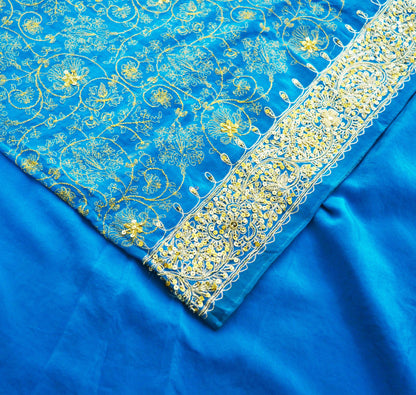 Indian Vintage Blue Saree Pure Crepe Silk Hand Embroidered Indian Sari Fabric 5Yd Sewing Soft Zardozi/Dabka Sequins