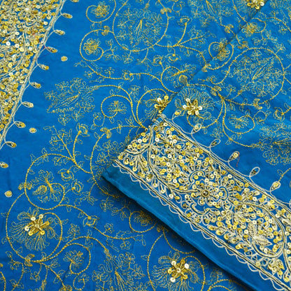 Indian Vintage Blue Saree Pure Crepe Silk Hand Embroidered Indian Sari Fabric 5Yd Sewing Soft Zardozi/Dabka Sequins