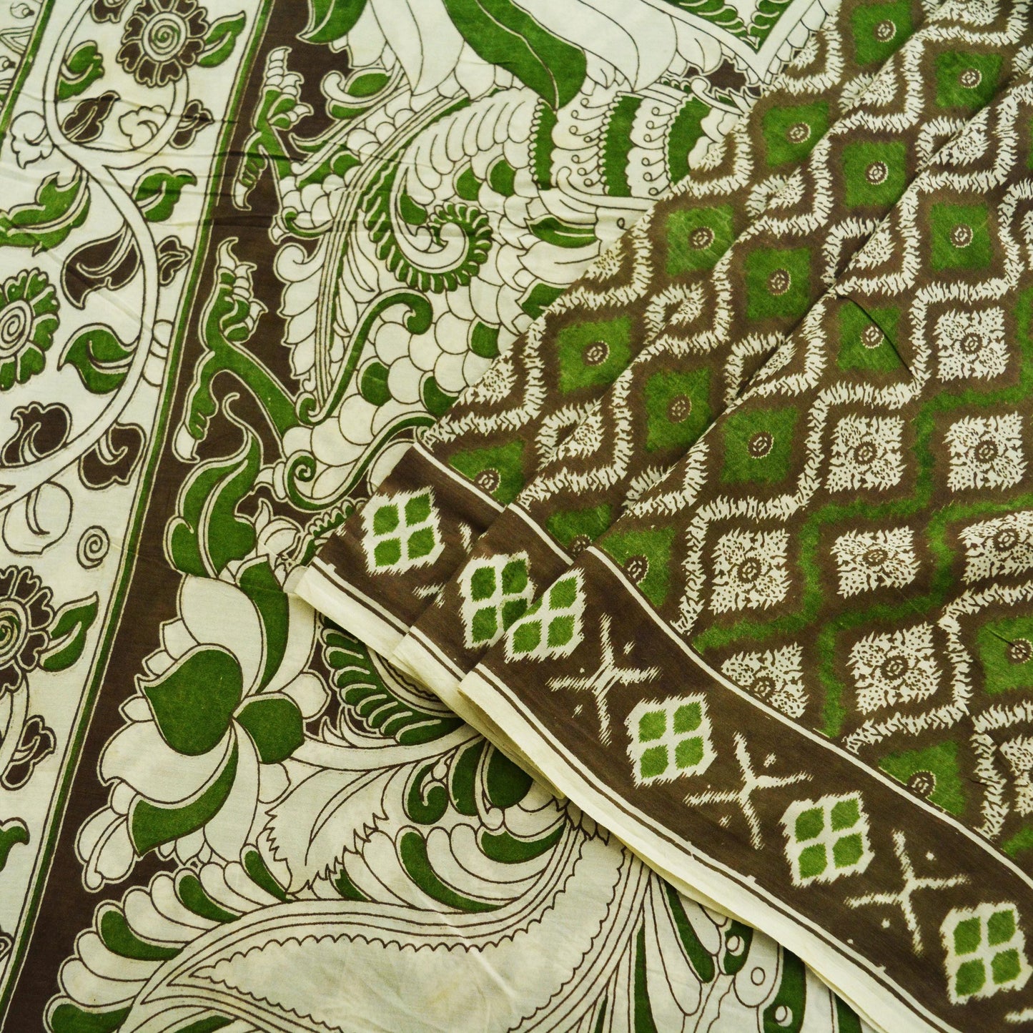 Indian Vintage Sari Green & Ivory Kalamkari Printed Pure Cotton Saree Fabric Soft Floral 5Yd Sarong Wrap Fabric Peacock