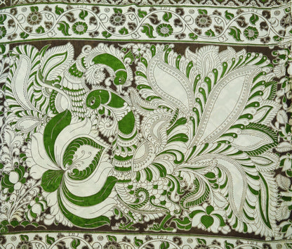 Indian Vintage Sari Green & Ivory Kalamkari Printed Pure Cotton Saree Fabric Soft Floral 5Yd Sarong Wrap Fabric Peacock