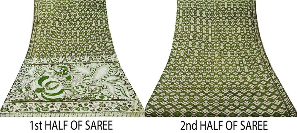 Indian Vintage Sari Green & Ivory Kalamkari Printed Pure Cotton Saree Fabric Soft Floral 5Yd Sarong Wrap Fabric Peacock