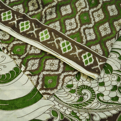 Indian Vintage Sari Green & Ivory Kalamkari Printed Pure Cotton Saree Fabric Soft Floral 5Yd Sarong Wrap Fabric Peacock