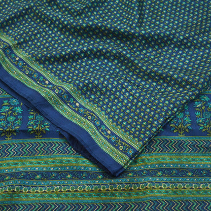 Indian Vintage Sari Blue Pure Silk Printed Saree 5yd Sewing Craft Fabric DressMaking Soft Wrap Floral Quilting Used