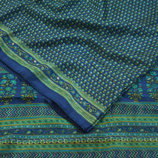 Indian Vintage Sari Blue Pure Silk Printed Saree 5yd Sewing Craft Fabric DressMaking Soft Wrap Floral Quilting Used