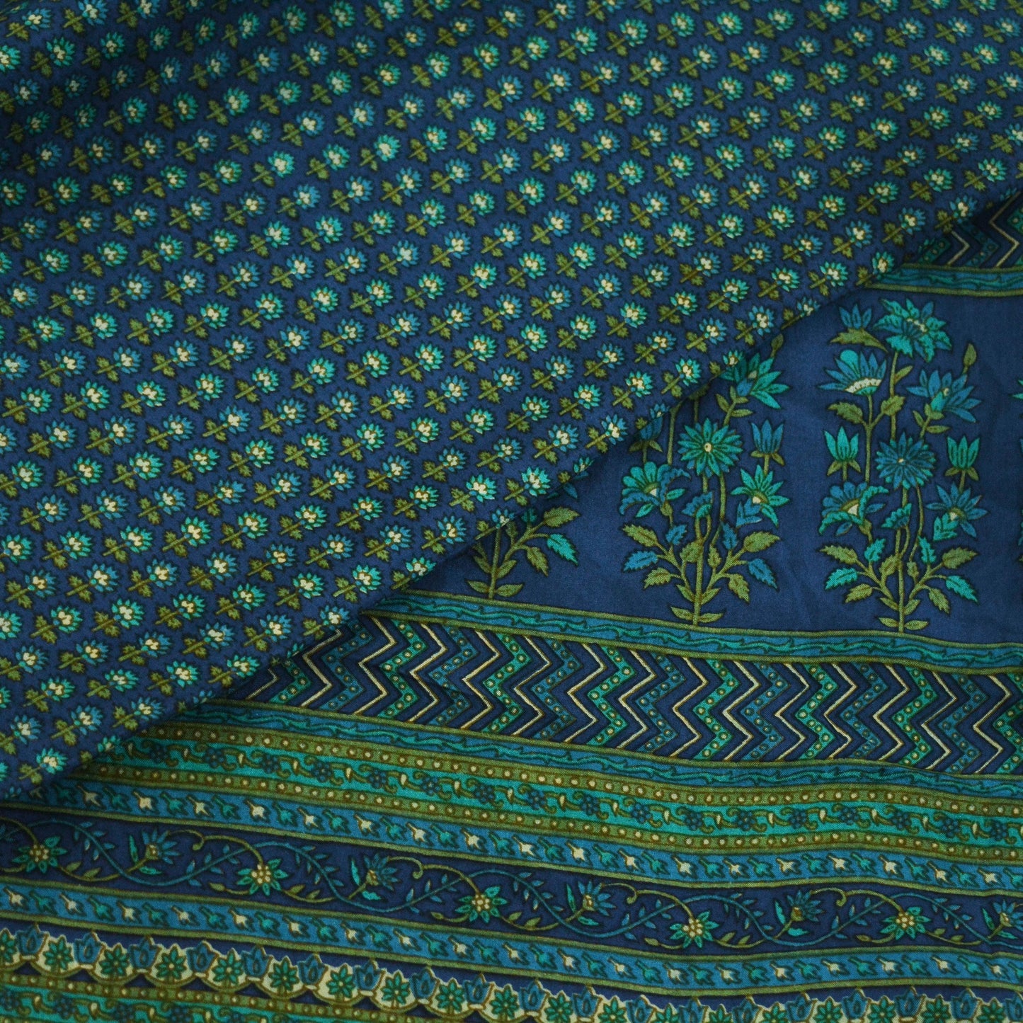 Indian Vintage Sari Blue Pure Silk Printed Saree 5yd Sewing Craft Fabric DressMaking Soft Wrap Floral Quilting Used