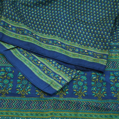 Indian Vintage Sari Blue Pure Silk Printed Saree 5yd Sewing Craft Fabric DressMaking Soft Wrap Floral Quilting Used