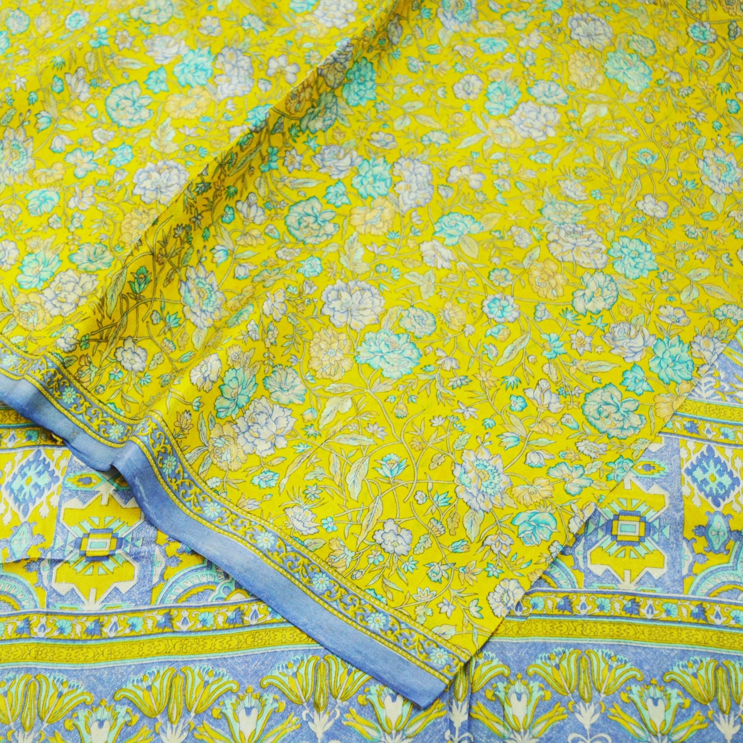 Indian Vintage Sari Yellow 100% Pure Silk Printed Saree 5yd Sewing Craft Fabric DressMaking Soft Wrap Floral Quilting Used