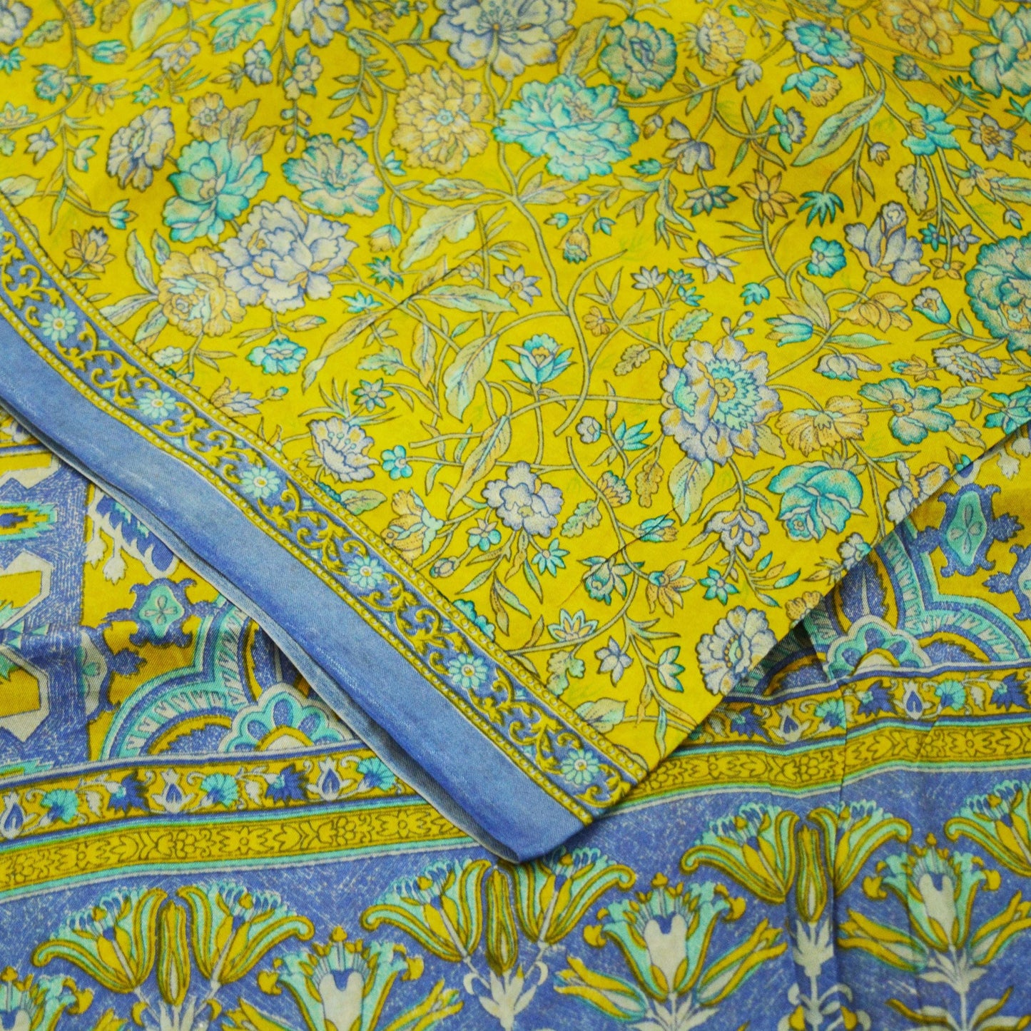 Indian Vintage Sari Yellow 100% Pure Silk Printed Saree 5yd Sewing Craft Fabric DressMaking Soft Wrap Floral Quilting Used