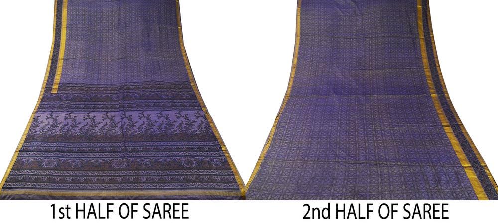 Indian Vintage Sari Purple & Green Pure Silk Printed Saree 5yd Sewing Quilting Craft Fabric DressMaking Soft Zari Used