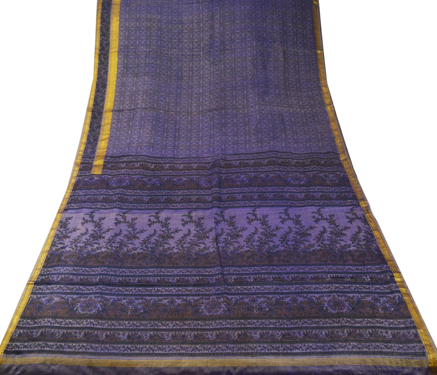 Indian Vintage Sari Purple & Green Pure Silk Printed Saree 5yd Sewing Quilting Craft Fabric DressMaking Soft Zari Used